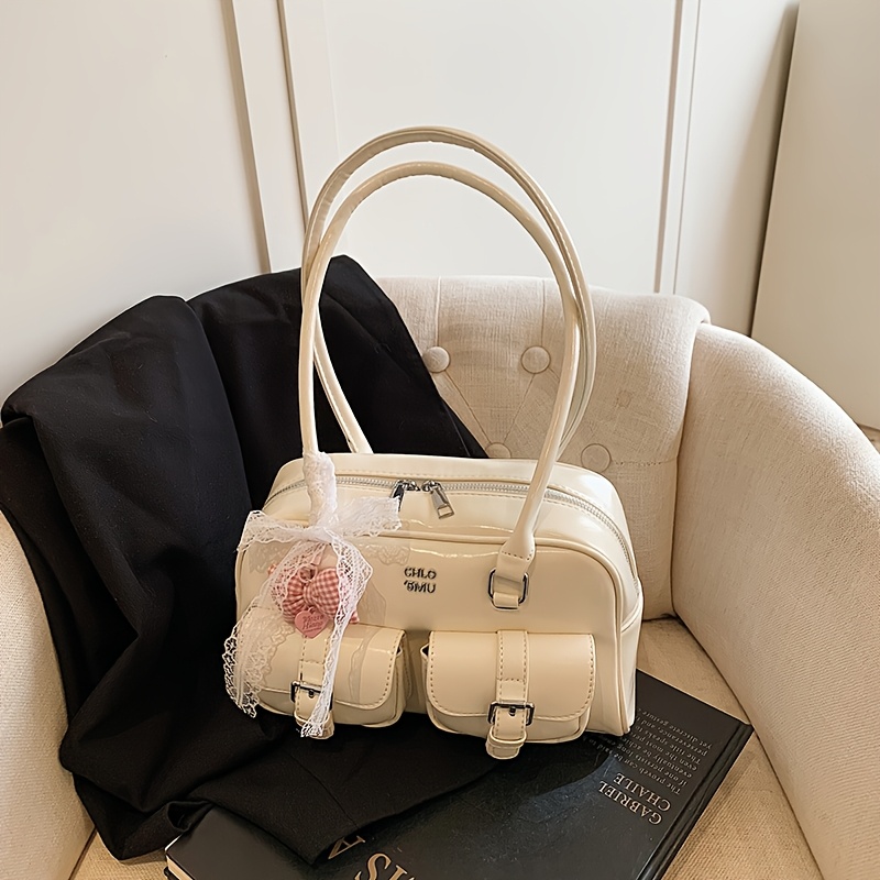 TEMU レディースハンドバッグ かわいい無地の枕型バッグ ヴィンテージボストンバッグ 女性用 大容量 高級感のある素材感 レースリボン飾り付き 合わせやすい通勤トートバッグ/ショルダーバッグ 普段のお出かけ、旅行、服装のネートに最適 ホリデーギフトの