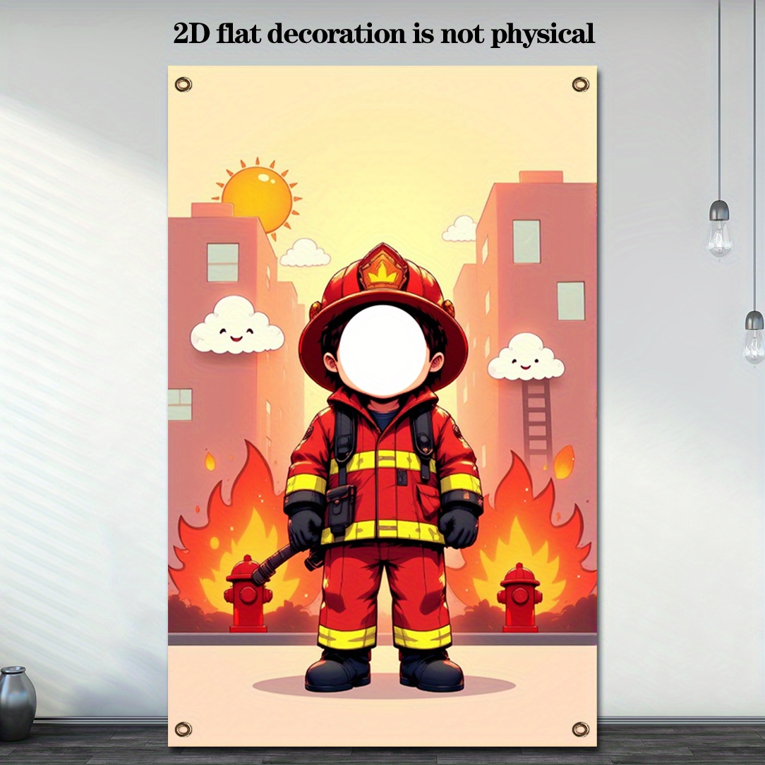TEMU 1pc 43.3x70.9 Inch Fireman Photo Backdrop Banner - 2d Flat Design With Vibrant Firefighter Scene, Durable Polyester Fabric For Weddings,