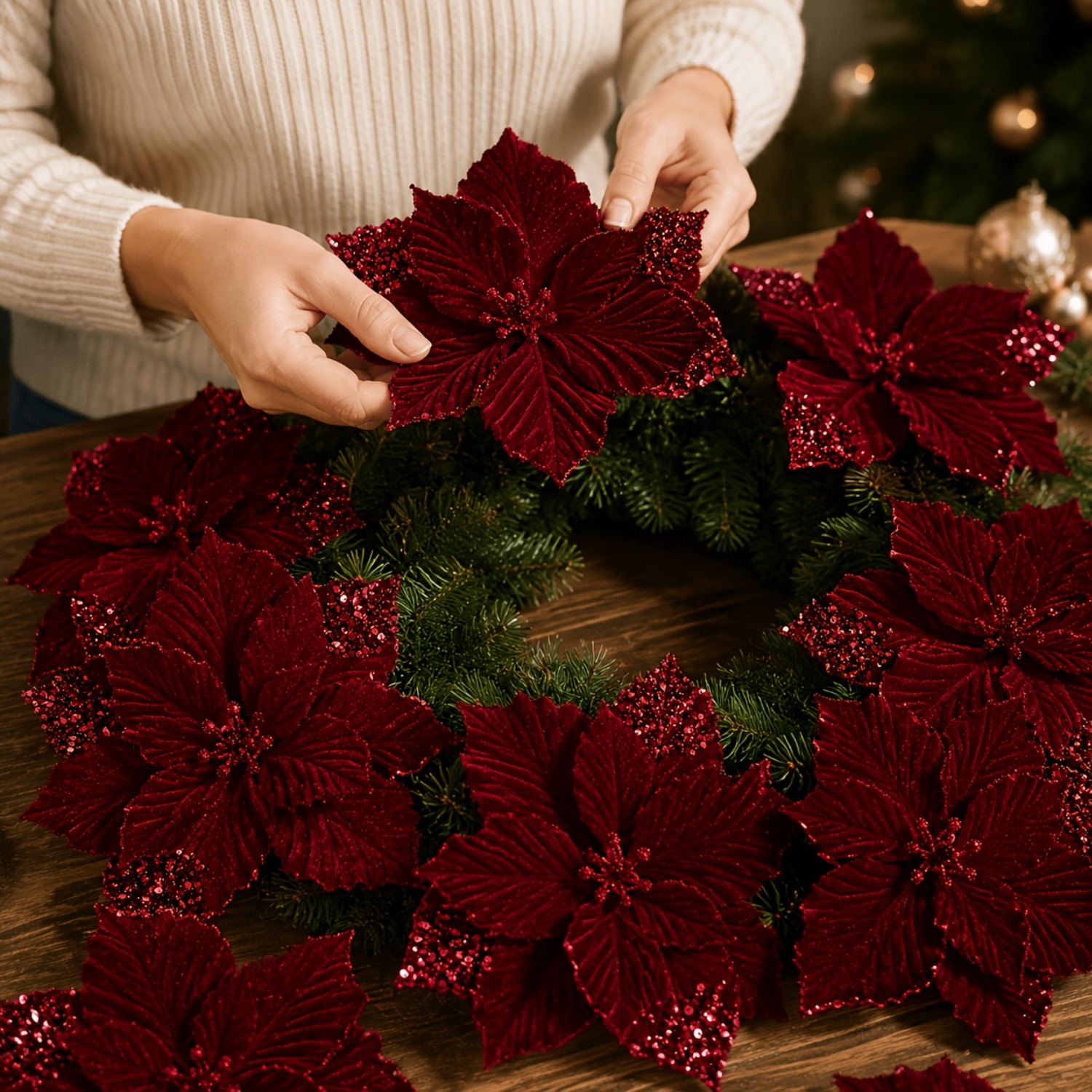 TEMU 3pcs Upright Plush Fabric Artificial Christmas Flowers, Velvet Touch Faux Flowers, Christmas Tree Branch Insert, Home Wall Decoration, Christmas