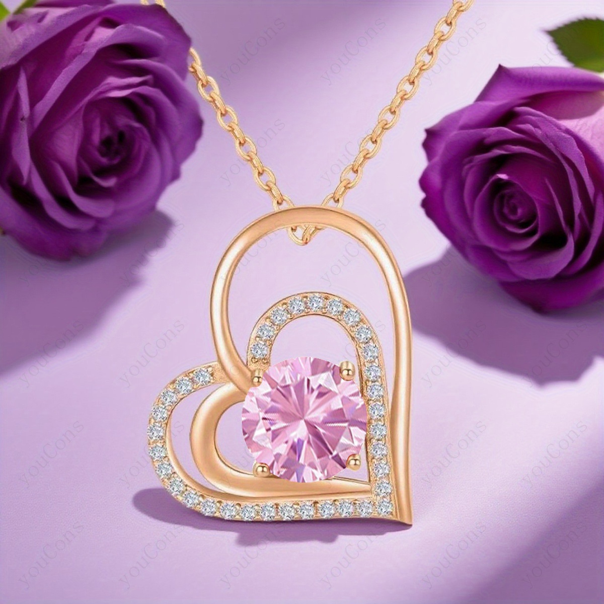 Women's Romantic Pink Synthetic Zirconia Heart-Shaped Pendant Necklace