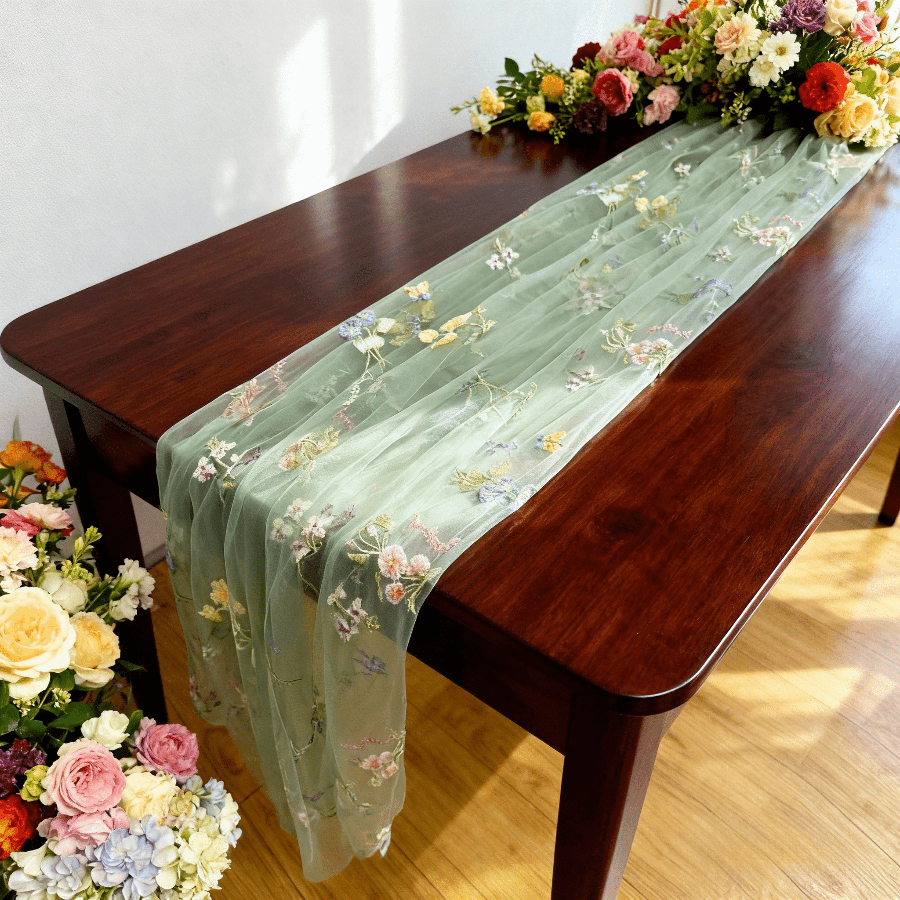 TEMU 1pc Sage Green Gauze Scarf - Floral, Romantic And Warm Sage Green Floral Embroidered Gauze, Rectangular Table Runner For Anniversary Scene