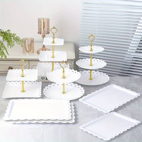 set of 8 dessert display items 4 cupcake stands and 4 serving trays birthdays and baby showers in white