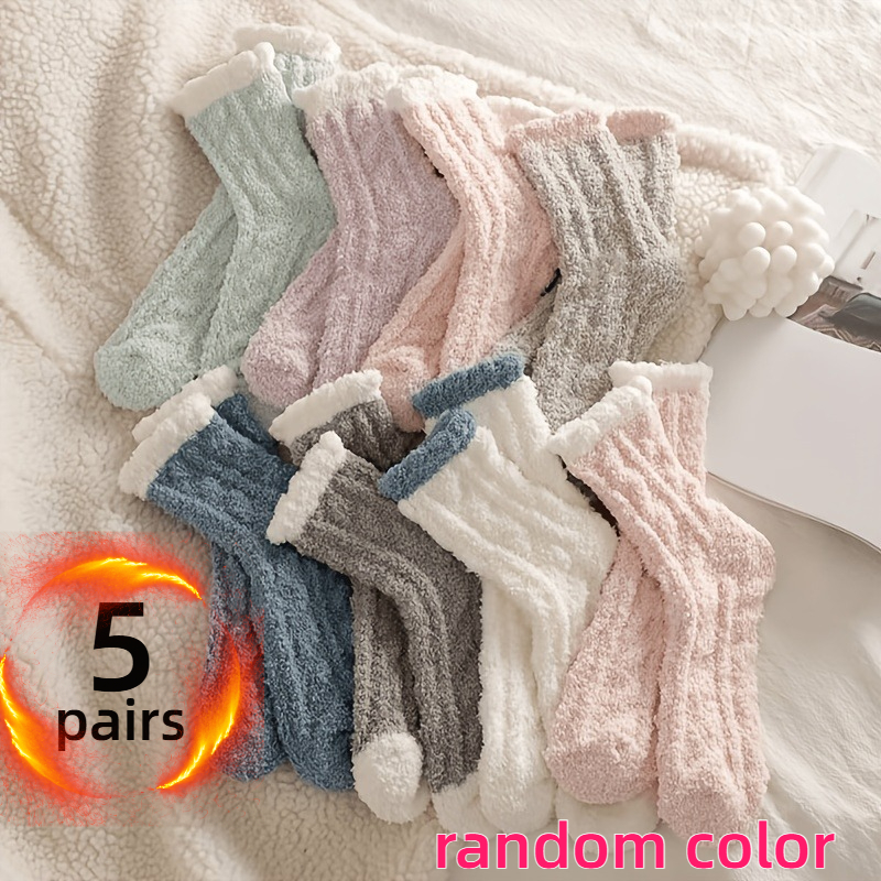 TEMU 5-pair Pack Wholesale Suitable For 's Coral Crew Socks - Soft Warm Plush Thermal Indoor/outdoor Floor Socks, Random Mixed Colors, Unisex Casual