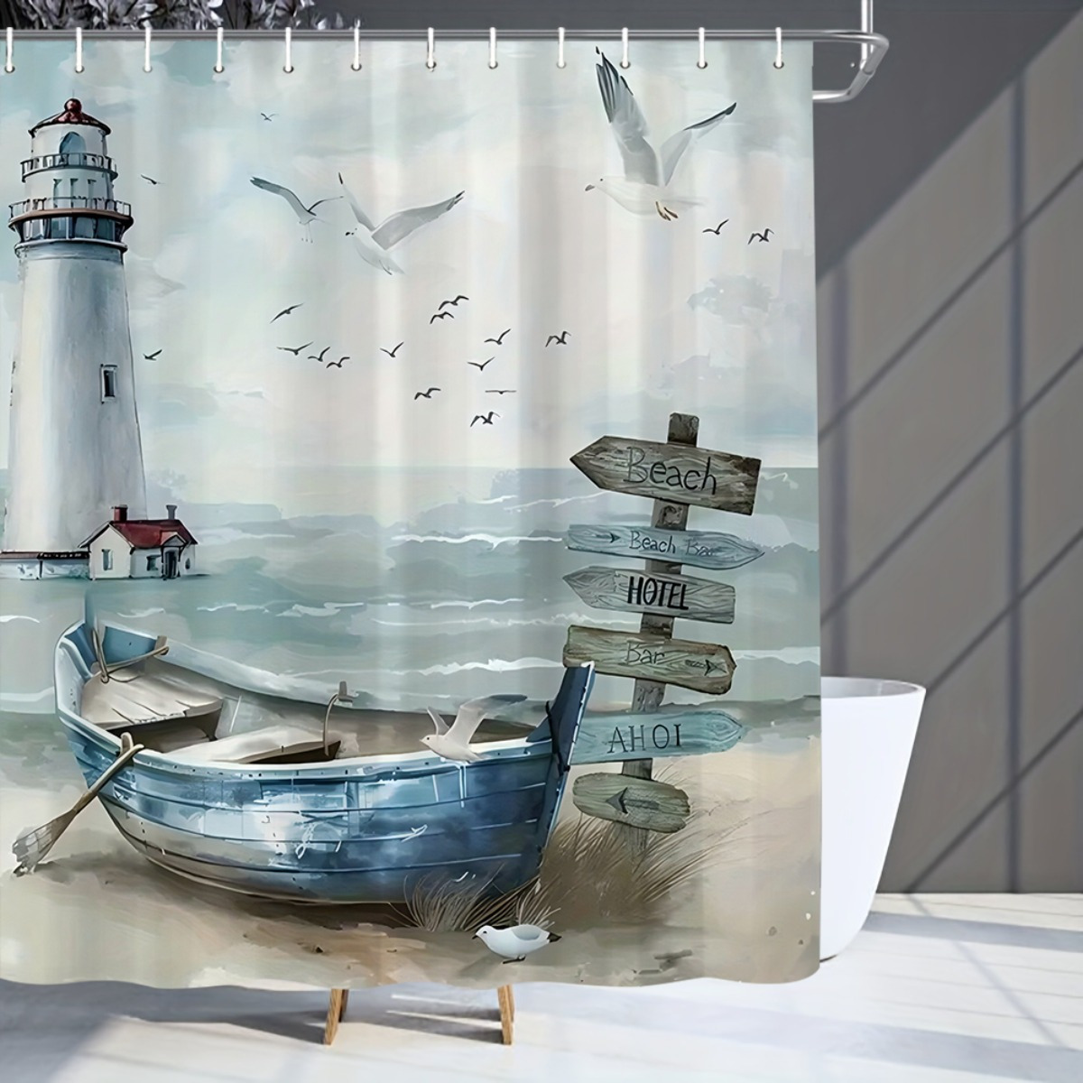 TEMU 1pc Seagulls_near_boat_and_lighthouse Pattern Shower Curtain, Bathroom Shower Curtain, Digital Printing Polyester Shower Curtain, No Punching