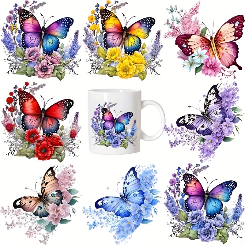 Image of 8pcs Set Colorful Painted And Flower Vinyl Stickers | Uv Dtf Transfer, Glossy End, Self-adhesive, And Scratch-resistant, Suitable For Glass, Mugs, Bottles, Cars, Computers, Decorative Items, And More