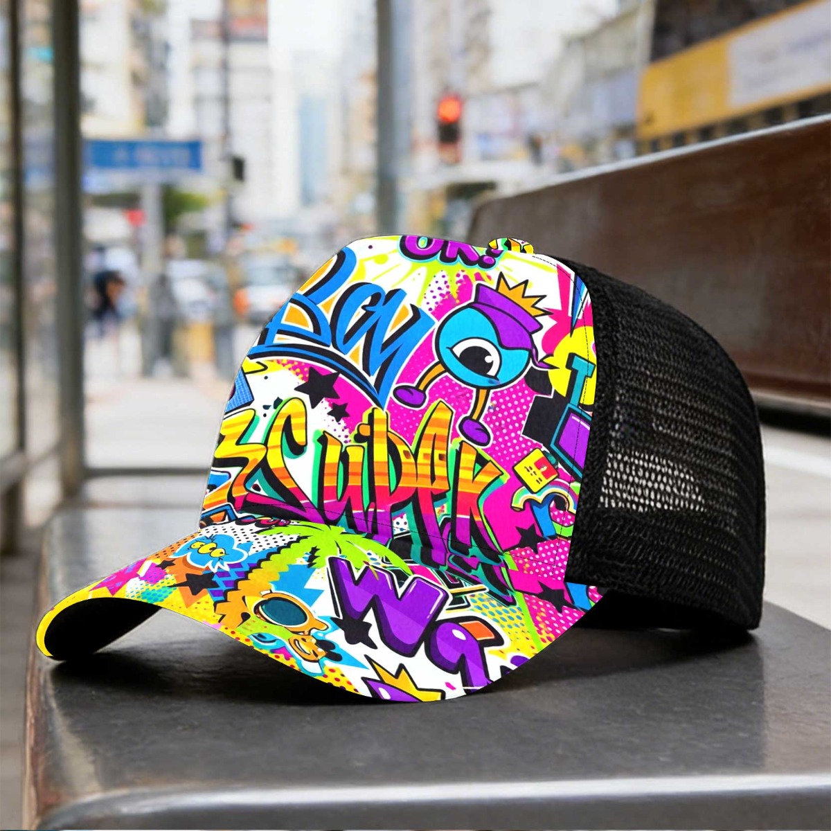 TEMU 1pc Urban Art Print Duckbill Hat Mesh Cap Hat Perfect For Use With Vibrant Design Breathable For Casual Wear Parties Sports Back-to- Gift