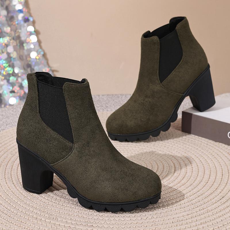 TEMU Women's Ankle Boots With Scalloped Sole, Multiple Colors And Sizes , Olive Green With Black Elastic Panels And Block Heels, Stylish For Daily