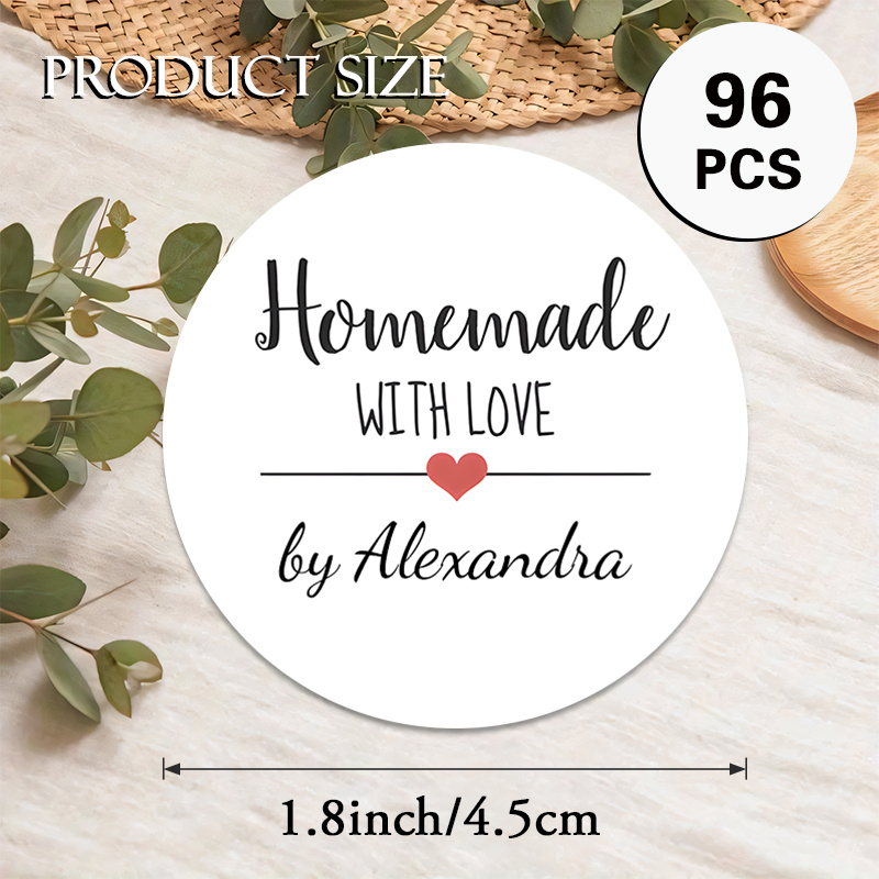 Image of Custom 48/96pcs Homemade Goods Round Stickers, Personalizable With Name & Handwritten-style Font Featuring Heart Accent – Baked Items, Gifts, Jar Labels