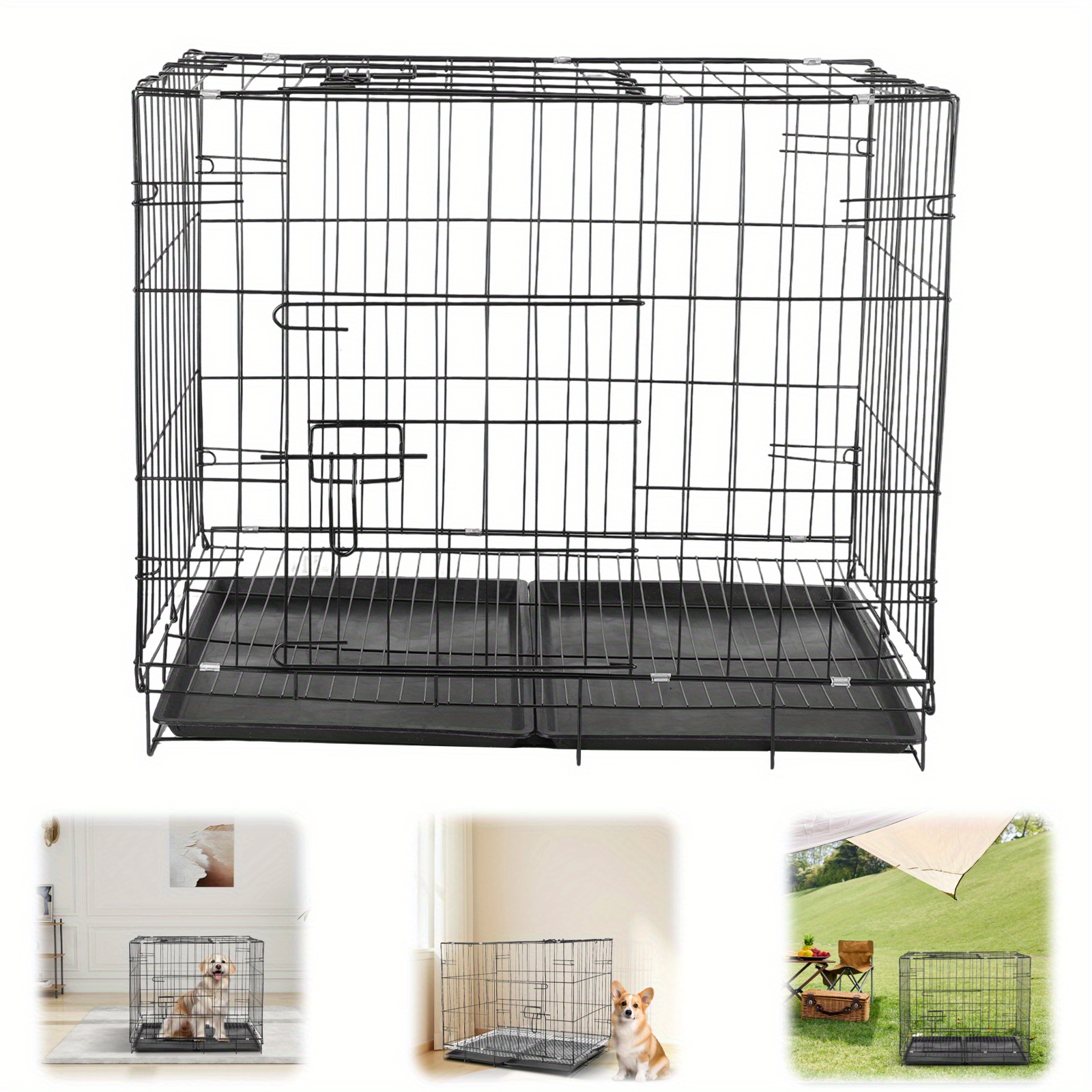 TEMU Heavy-duty Folding Metal Wire Dog Crate, Double Door Design, Removable Base Tray, Portable And Collapsible With Divider, Black, Ideal For Small