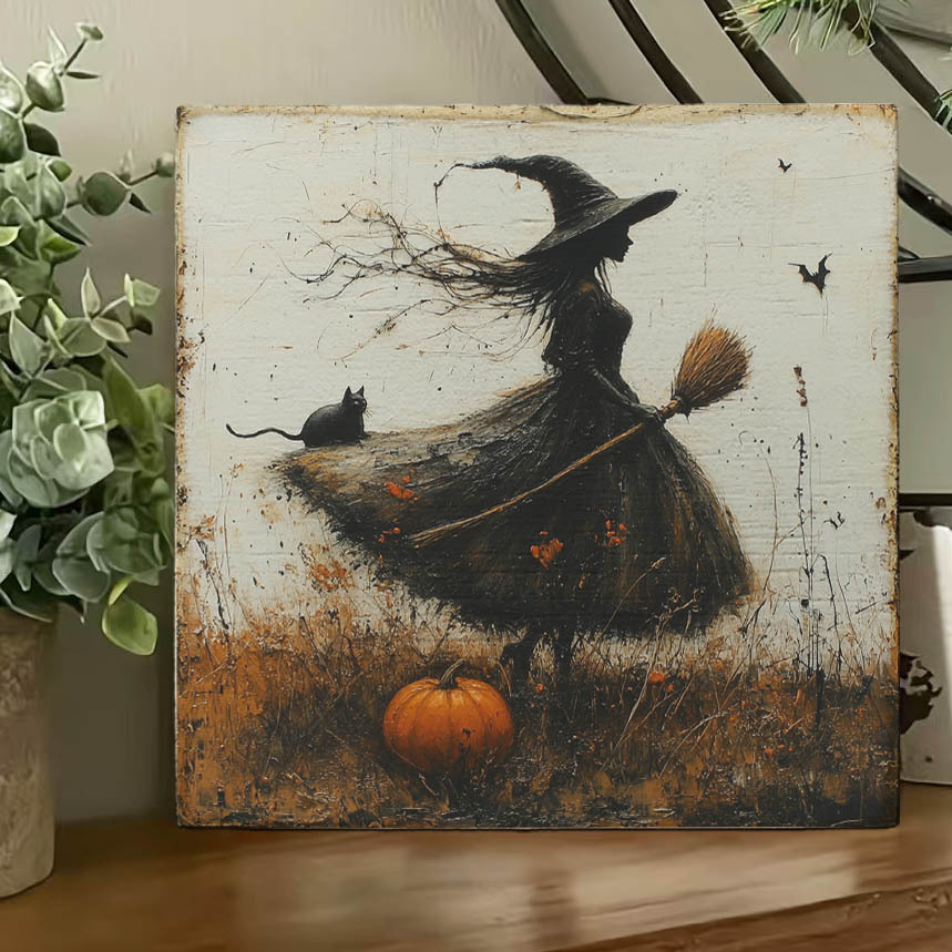 TEMU Art Mural Rustique Halloween 8X8 Pouces - Cadre en Bois Vintage Sorcière, Chauves-Souris et de Citrouilles, Convient pour Maison, Bureau, Café,