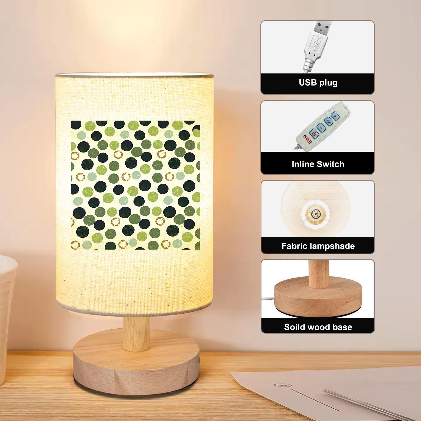 Wooden Table Lamp with Circular Print in Green, Black & Gold