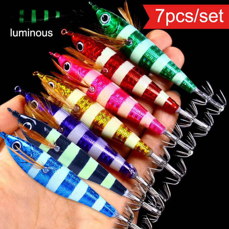 

7pcs Laser Shrimp Fishing Lures Set - -the-dark Squid Jigs With Stainless Steel Hooks, Colors