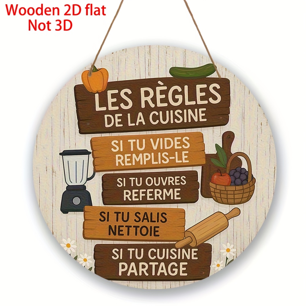 TEMU Décoration Murale Plate 2D Règles de Cuisine Campagnarde Française - Rond Vintage en Bois Artificiel avec en Français & Guide de Cuisine Adapté