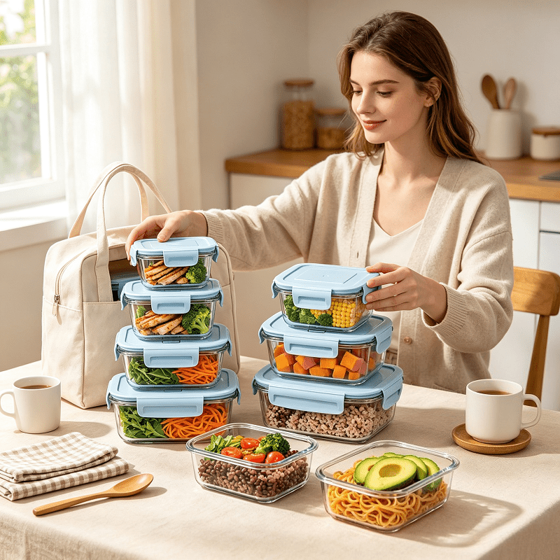 With A Set Of 16 Exhaustable Glass Containers With Lids (8 Glass Containers + 8 Lids), A Freshness Preserving Jar, And A Food Preparation Box, All Of Which Are Microwave-safe