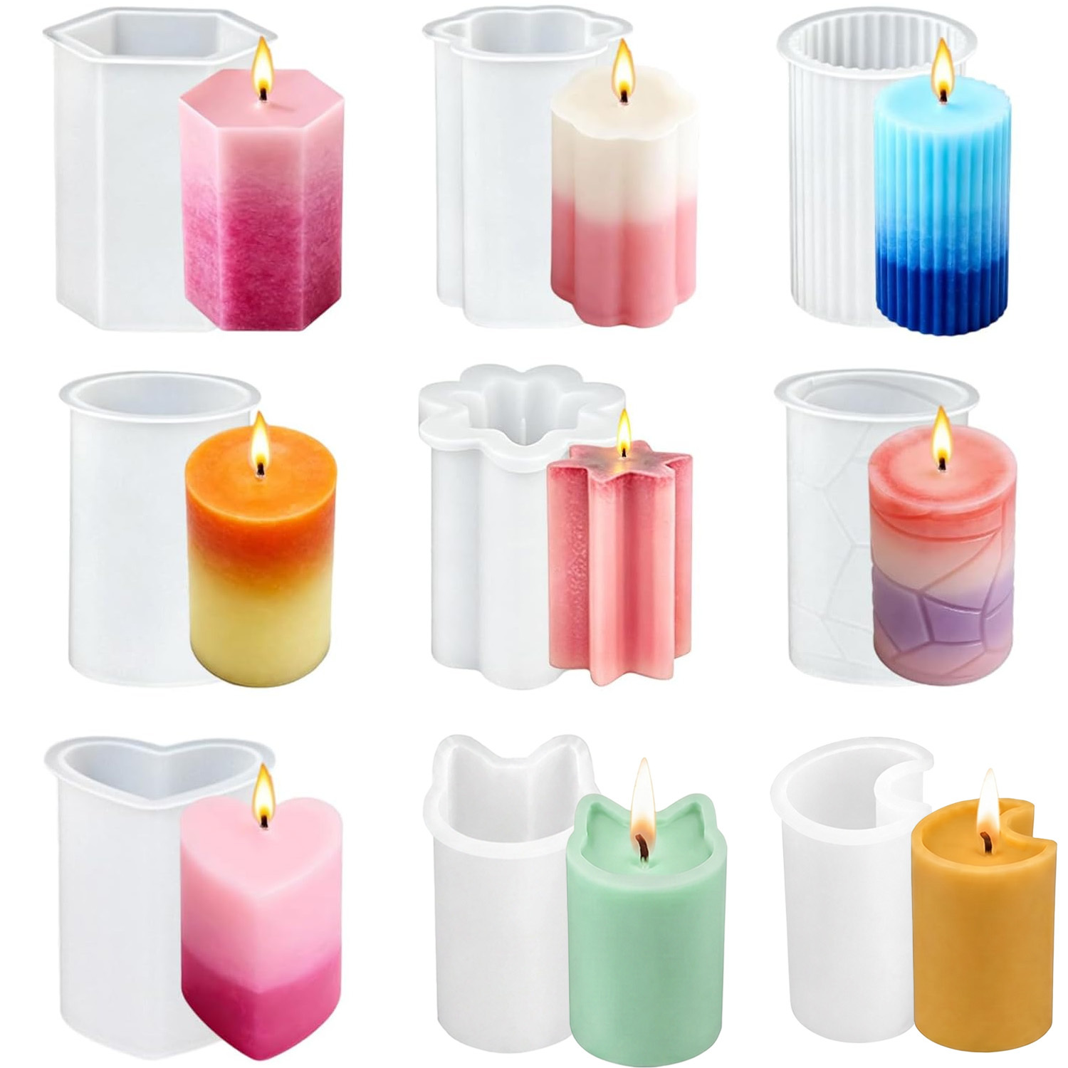 TEMU Set di 9 stampi riutilizzabili in silicone per candele, cilindro a sgancio facile, , cuore e stella, stampi per in resina per di candele,