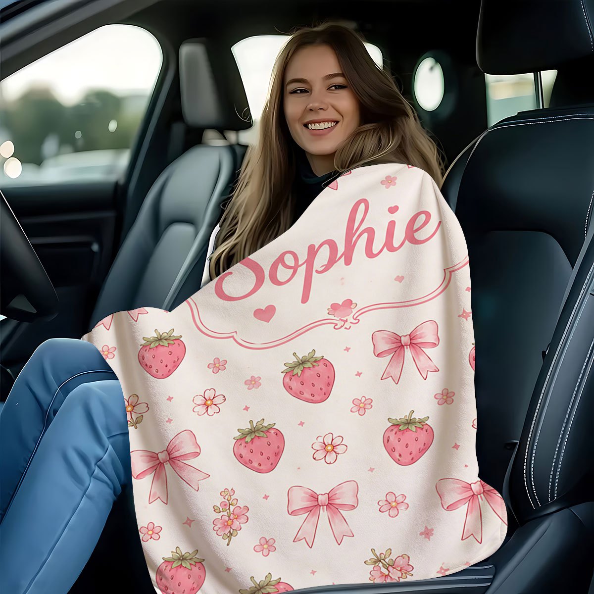 Custom Name Pink Strawberry Floral Pattern Flannel Blanket