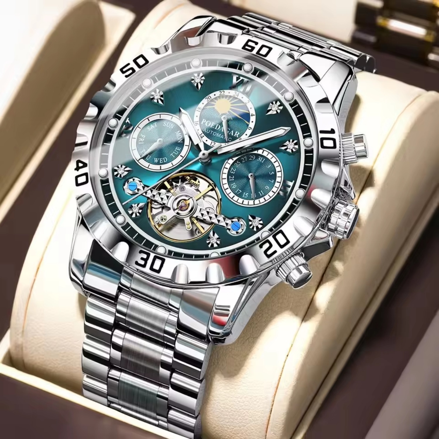 TEMU Men' Mechanical Featuring A Stainless , An Oval Case, And A Hollow Tourbillon Design, Complete With A Week Display Function. A Stylish And