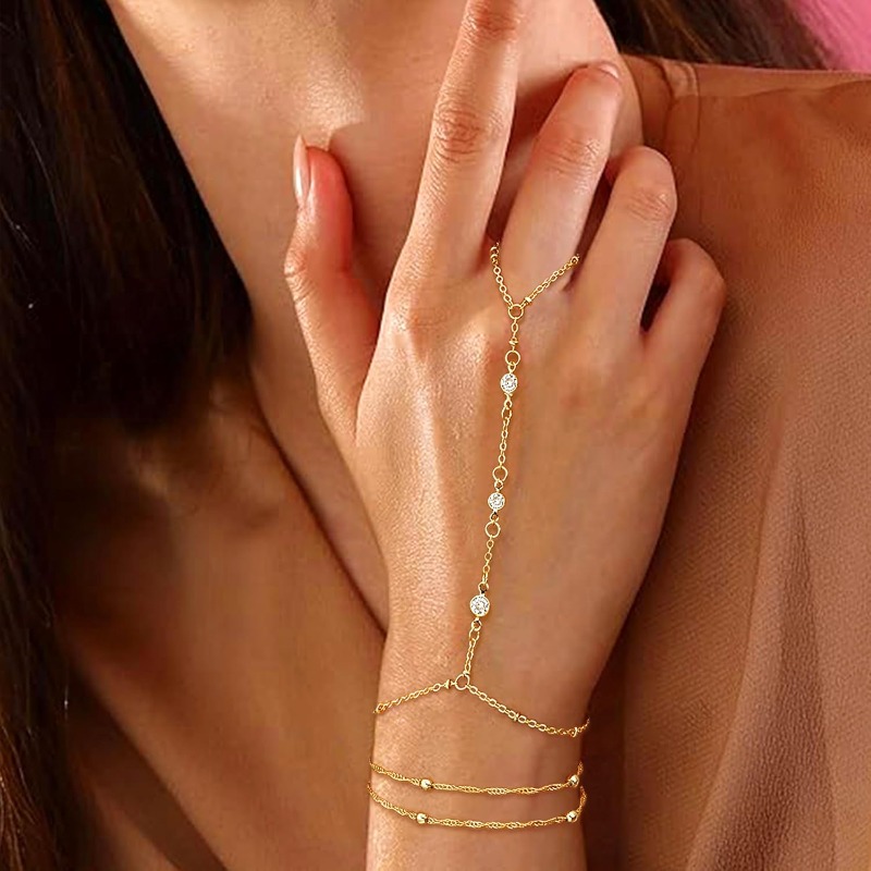 Image of 2pcs Golden Bracelets For Women, Hand Chain Bracelet, Ring Bracelets For Women Trendy Dainty Cubic Synthetic Zirconia Bracelet Ring Bracelet Hand Jewelry Adjustable, Christmas Gifts For Women.