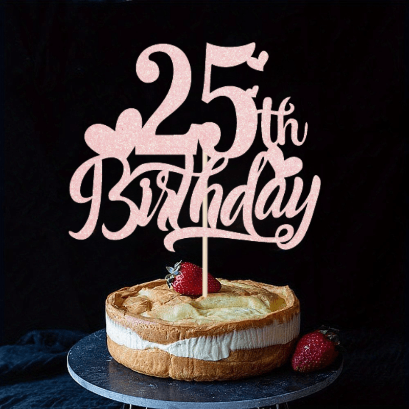 1pc Rose Golden Glitter Cake Topper For A 25th Birthday - A Stylish Bamboo Decoration For A Happy 25th Celebration, Requires No