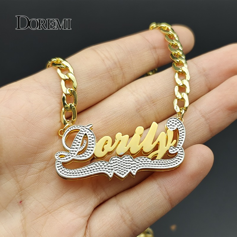 TEMU Custom Double Layer Plated 201 Stainless Steel Name Necklace - Personalized Engraved Initials & Stylish Script Font, Unisex Jewelry Gift For ,