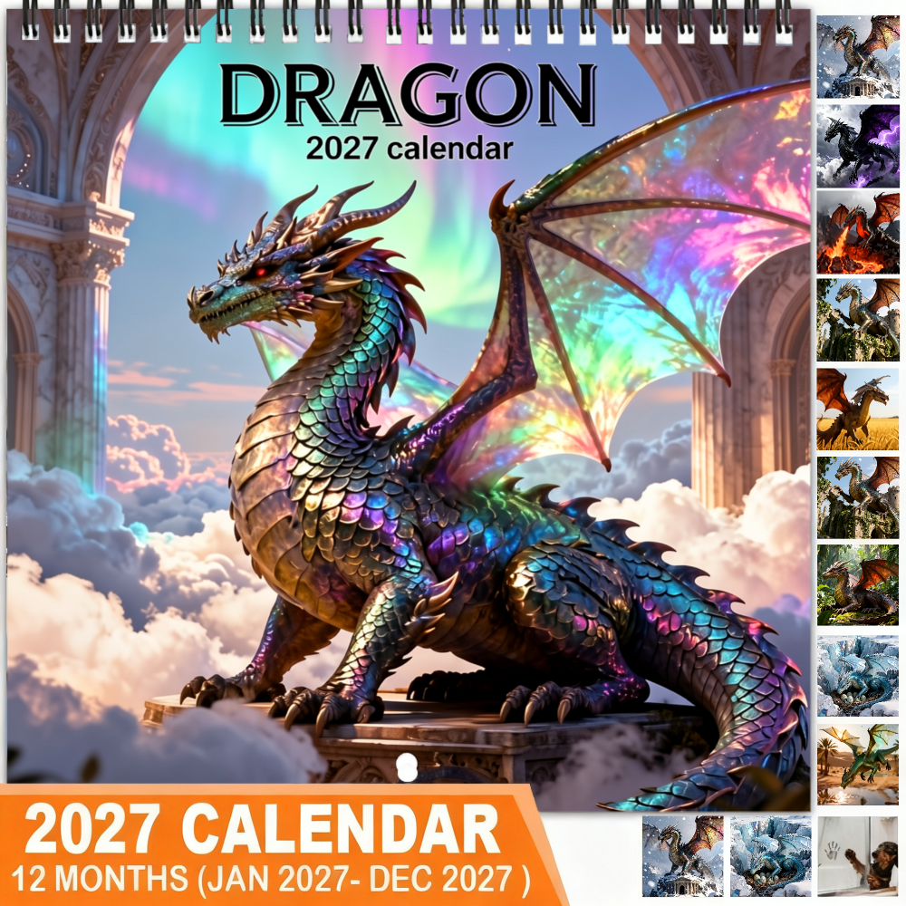TEMU (december Thickened Coated Paper, Spiral Double-sided Printing) Iridescent Dragon Perched On Stone Pedestal Amidst Clouds Planner 2027 Planner