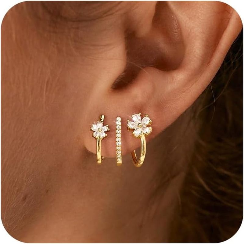 TEMU 1 Pair Triple Illusion Huggie Stud Earrings, Trendy Flower Huggie Hoop Earrings For 1 Hole, Dainty Earrings For Women Cute Everyday Jewelry