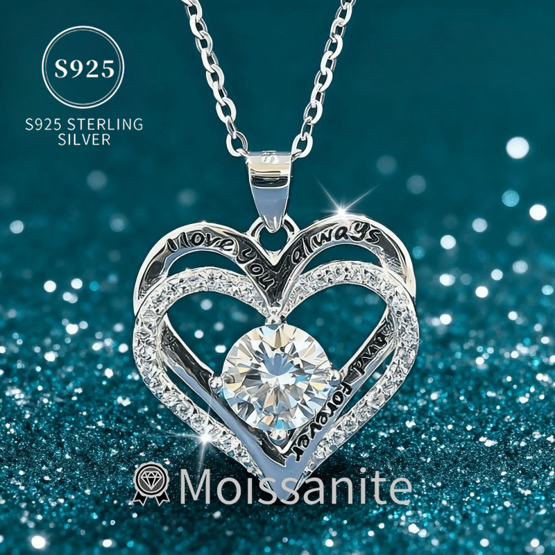 TEMU S925 Silver 1 Carat Four-pronged Round Moissanite Necklace For Women, Fashionable 8-heart Pendant With "i Love You" Words, High-quality Romantic