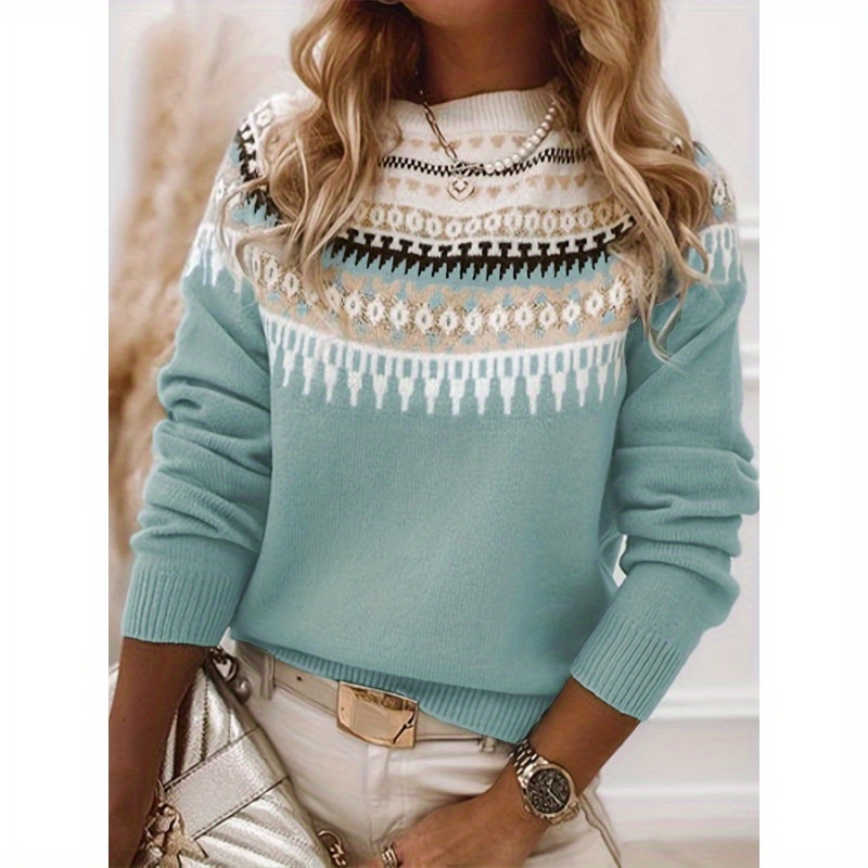 

1pc Women' Knit Sweater - Polyester 100 Neck Long Sleeve Pullover With Ethnic Pattern For Fall/winter Casual Wear And Outdoor Activities