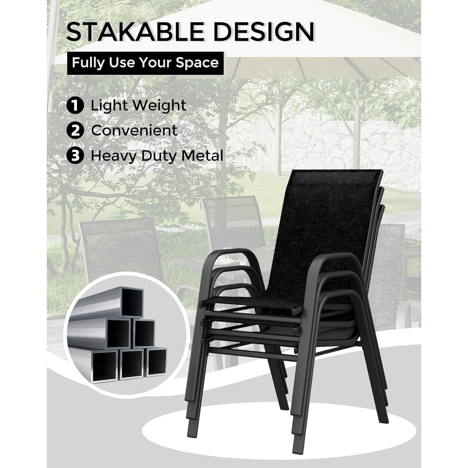 Set Of 4 Stackable Metal And Garden Chairs | Weatherproof, Rust Resistant, Powder Coated , Polished End For Garden, Balcony, And Patio