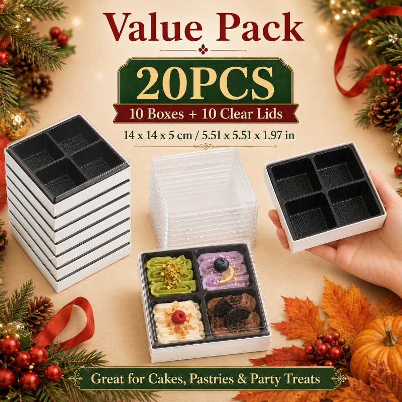 TEMU 20pcs 4-compartment Mini Dessert Gift Boxes (10 Boxes And 10 Lids) Small Cake And Pastry Containers, Dessert Packaging Kit For Christmas Party