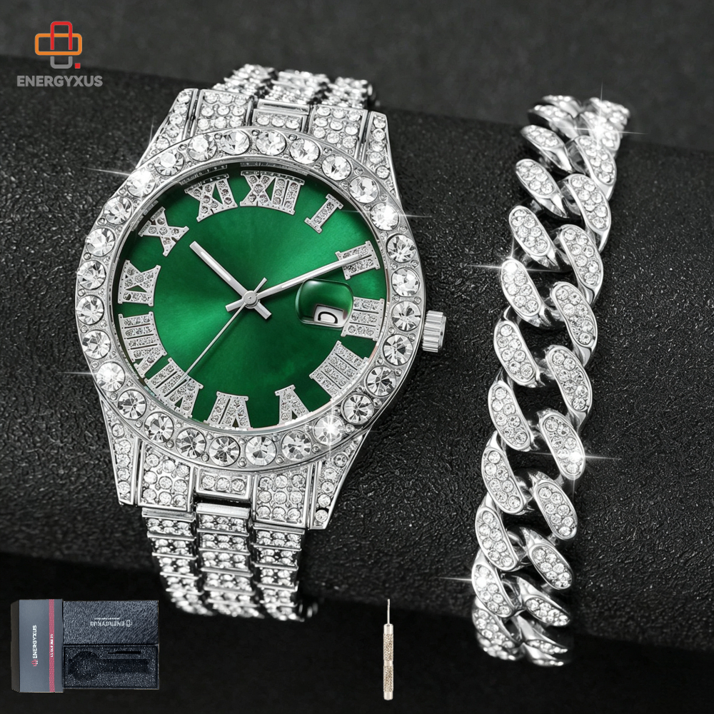 TEMU Men's Watch Bracelet Set Alloy Strap-hop Roman Scale Rhinestones Inlaid Calendar Men's Watch 2pcs