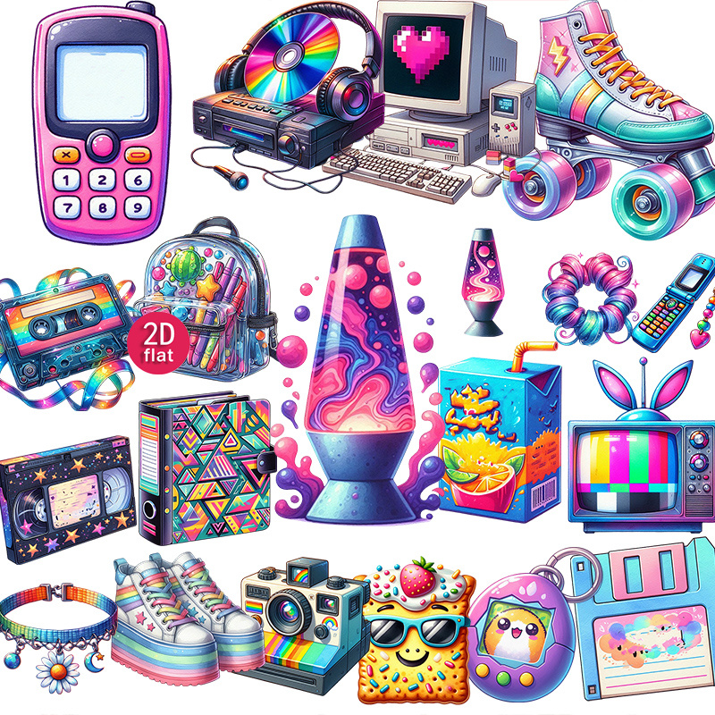 TEMU 20pcs/set 2d Flat Retro 90s Y2k Aesthetic Stickers, Vintage Colorful Neon Decals, Suitable For Decorating Diaries, Scrapbooks, And Stickers