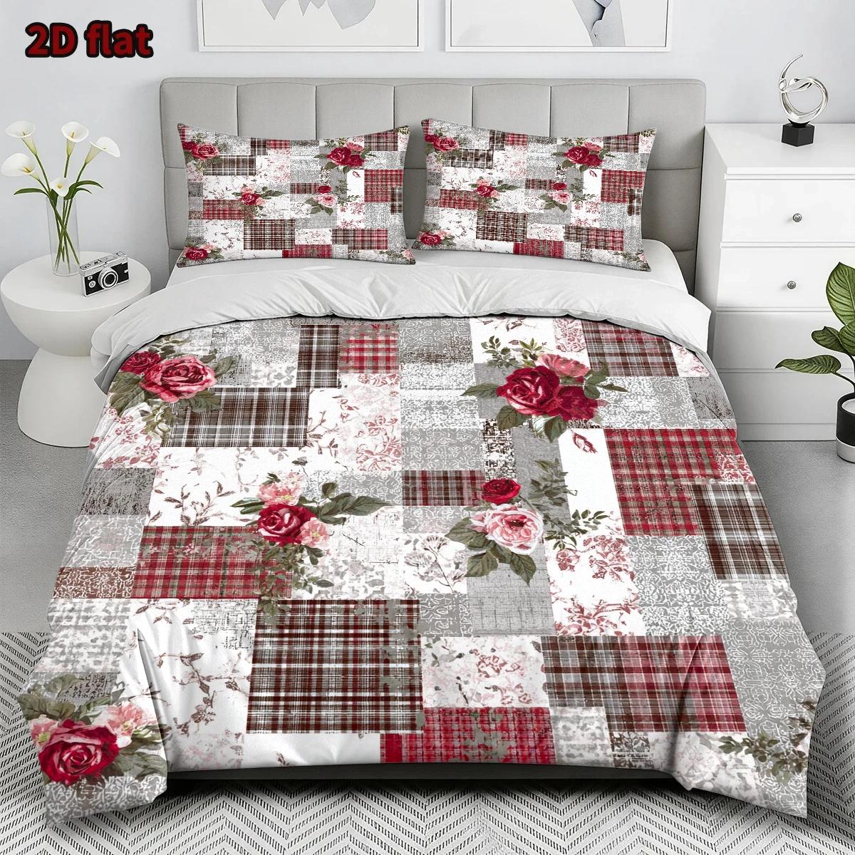TEMU 3pcs Duvet Cover Set, 1pc Duvet Cover And 2pcs Pillowcases (no Filling) 2d Flat Printing, Duvet Cover Set, Retro Rose Plaid Theme, Watercolor