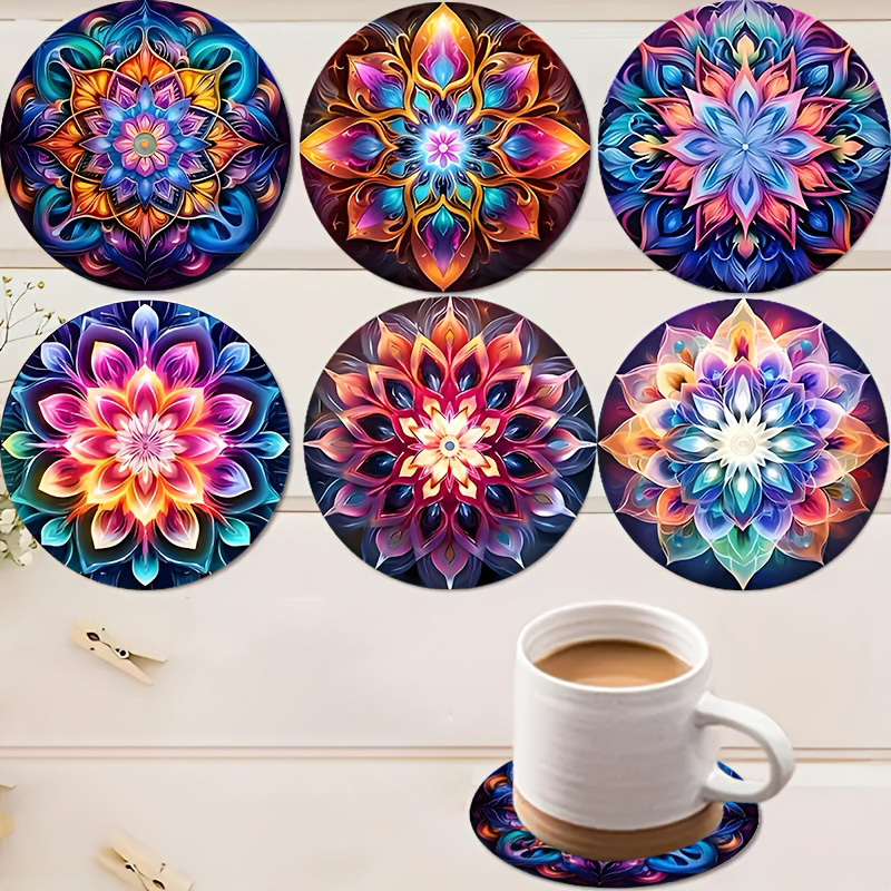 

6pcs Set Of Colorful Mandala Pattern Wooden Coasters - Coffee, Tea And Drinks - Ideal Table Protection For Christmas, Halloween, Easter, Valentine's Day