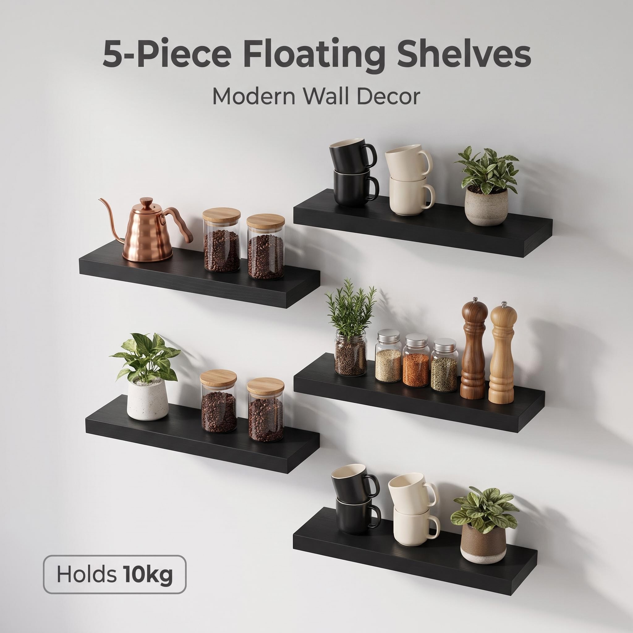 TEMU Lot de 5 étagères flottantes murales, étagères flottantes avec supports invisibles, rangement et organisation mural, pour la décoration et le