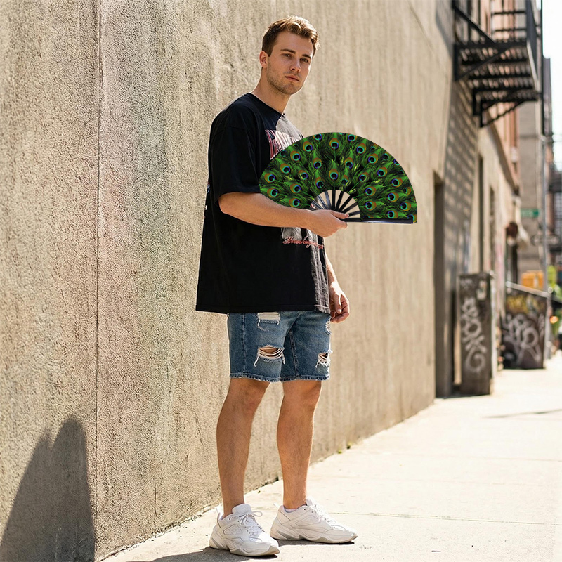 TEMU 1pc 33cm Peacock Folding Fan | Exquisite Pattern With Metallic | Daily Cooling And Home Decor Fan