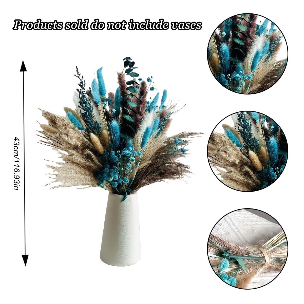 E-shop Blaues Trockenblumen-Bouquet mit Pampasgras 62 Stück Boho Wohnkultur DIY Blumenarrangements für Schlafzimmer, Büro Hochzeitsdekorationen,