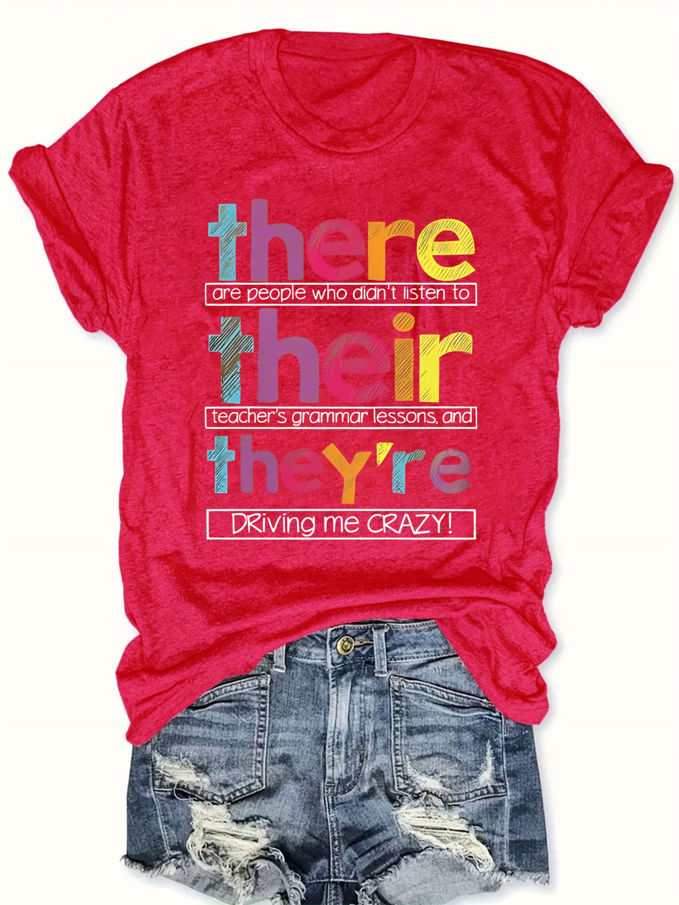 womens casual polyester t shirt with alphabet letter print crew neck short sleeve top for   100 polyester knit fabric 180g m driving me crazy teachers grammar lesson quote red 0