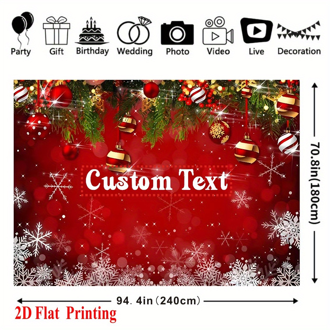 TEMU 2d Flat, Custom Text Christmas Party Banner - Personalized Holiday Decoration With Red Background, Snowflakes, Pine Branches & Glossy Balls - No