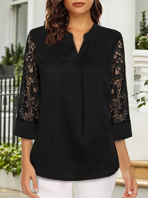 plus size damen vintage elegante kontrastspitze 7-ärmel bluse für frühling/sommer