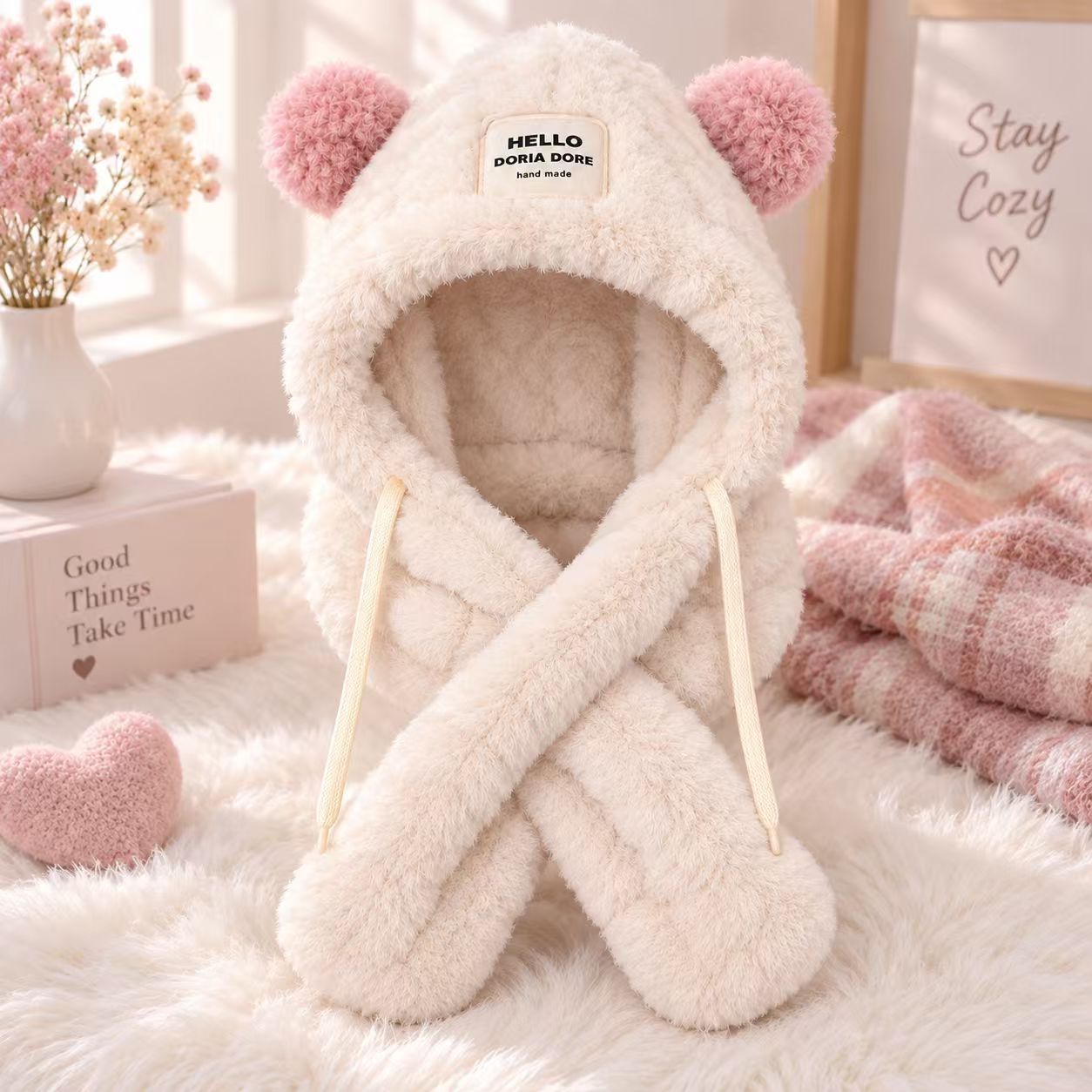 TEMU 1pc Winter Plush Bear Ear Hat, Cute Warm Hood Scarf Hat With Soft Fuzzy Lining, Cozy Cold Weather Ear Cover For Women