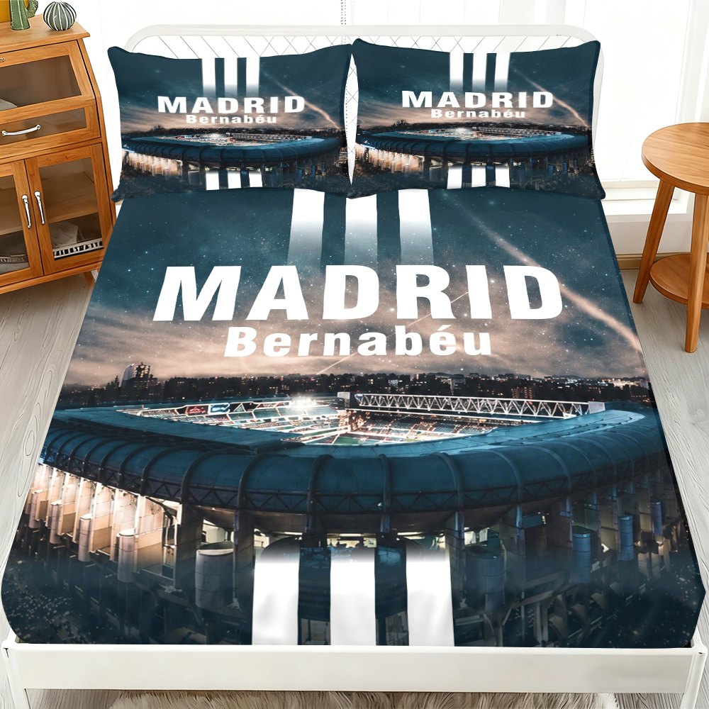 TEMU 3pcs Madrid Bernabeu Fitted Sheet 3pcs Set (1*fitted Sheet 2*pillowcases, ), Stadium Theme, Elegant Bedding, Mattress Protector Soft, Breathable
