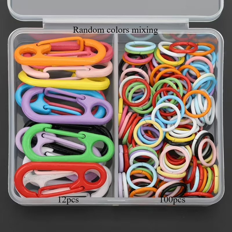 TEMU 112 pezzi di colori misti casuali per di portachiavi, 12 pezzi di chiusure a molla a forma di D e 100 pezzi di anelli aperti, forniture per