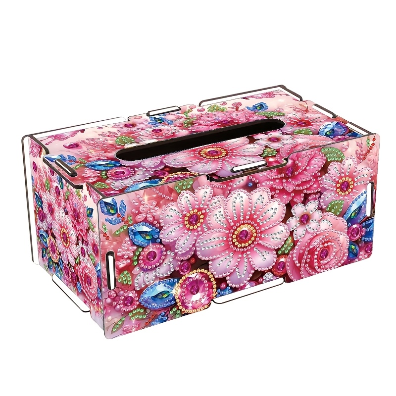 TEMU 1pc Diamond Painting Art Tissue Box, Floral Pattern Special Shape Diamond Partial Mosaic Handmade Tissue Box Storage, Modern Room Dining Table