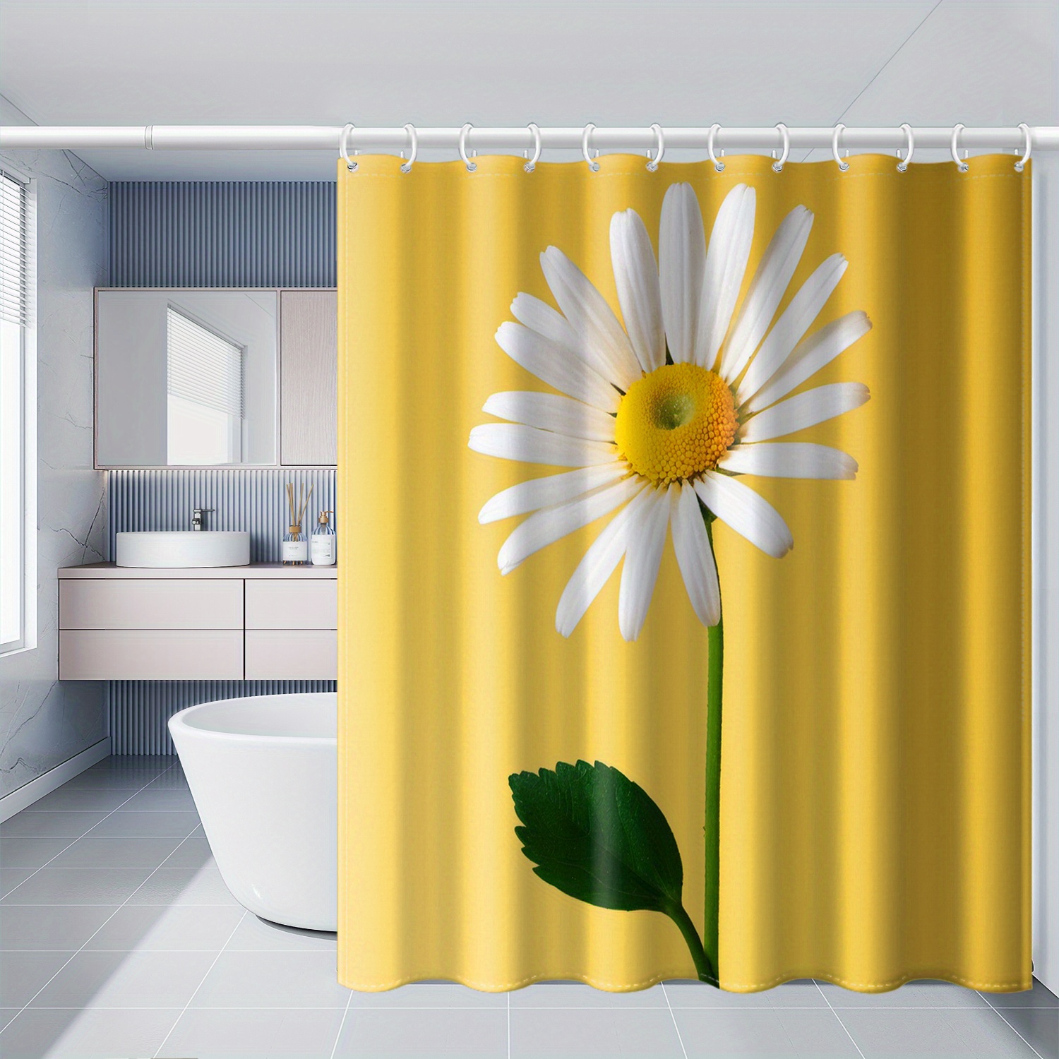 TEMU 1pc Daisy, Yellow Background Polyester Fabric With Hooks, Window And Wall Bathtub Bathroom Furniture Decor Rain Curtain Universal 71×71 Inch