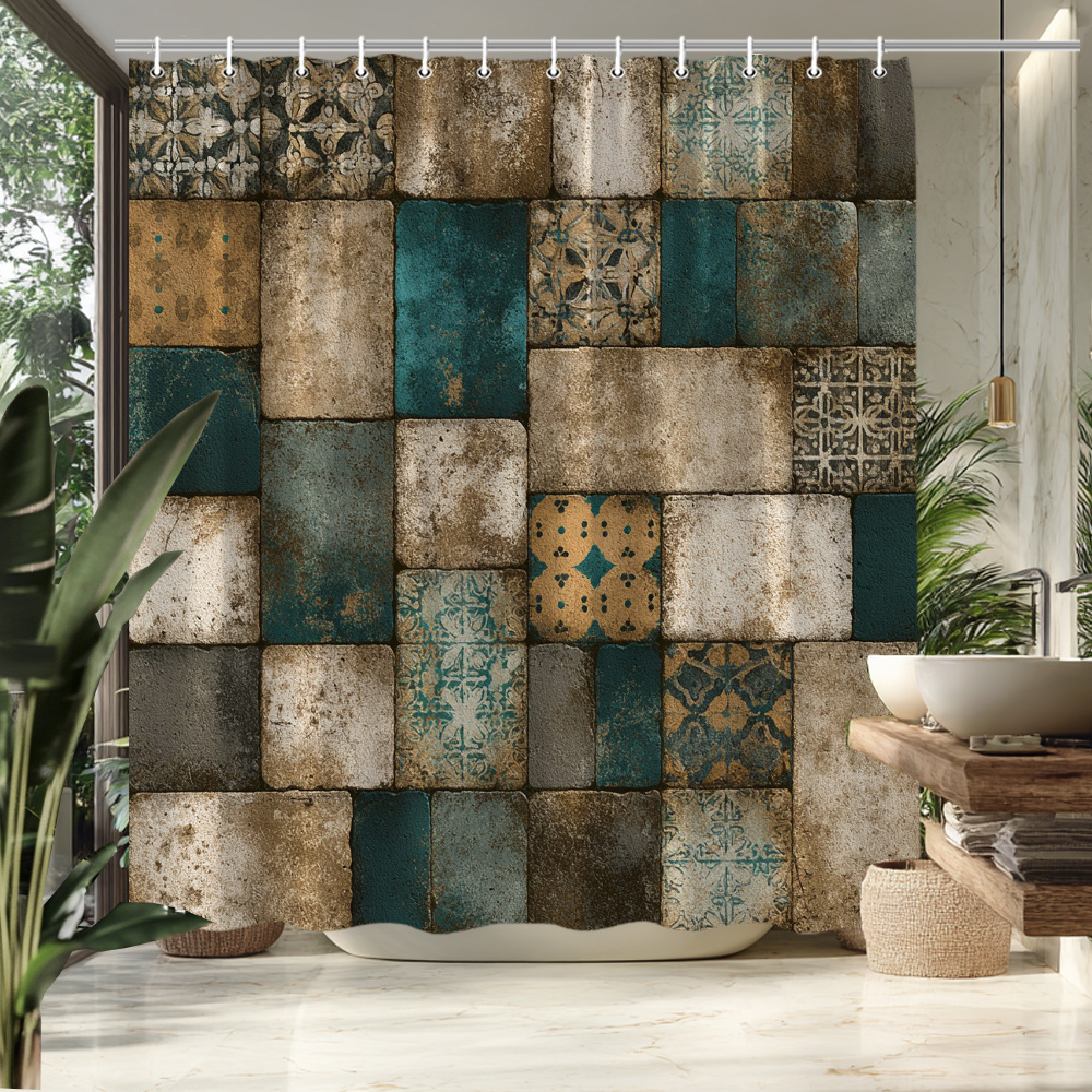 TEMU 1pc 2d Flat Vintage Rustic Tile Pattern Shower Curtain Watercolor Bathroom Curtain 70.8x70.8 Inch With 12pcs Hook, 2d Flat