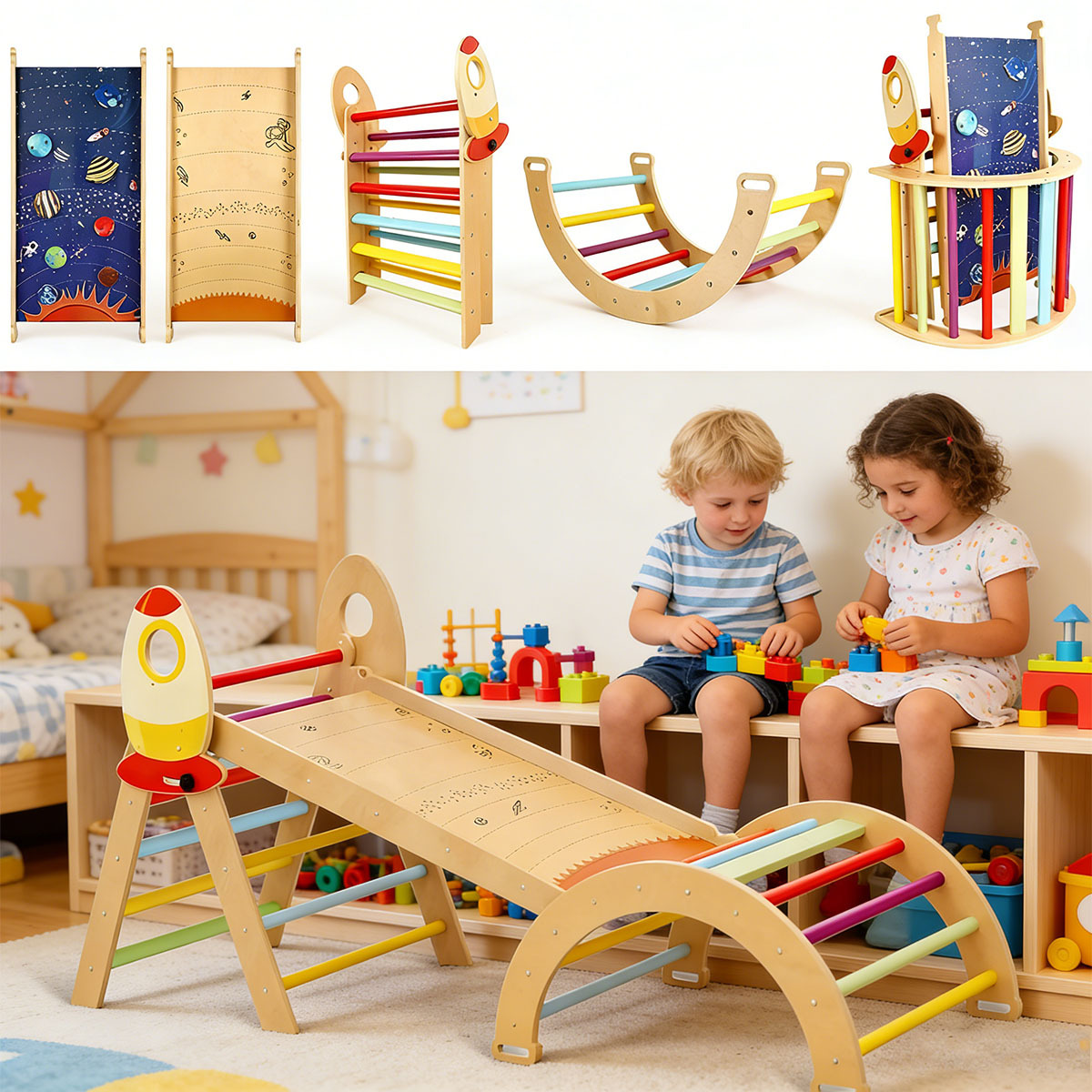 8in 1 Pikler Triangle Climbing Set Foldable Indoor Jungle Gyms for Toddlers Baby Indoor Playards Jungle Gym with Oval-shaped Crossbar Design Wooden Climbing Set for Toddler to Inspire Children's Exploration
