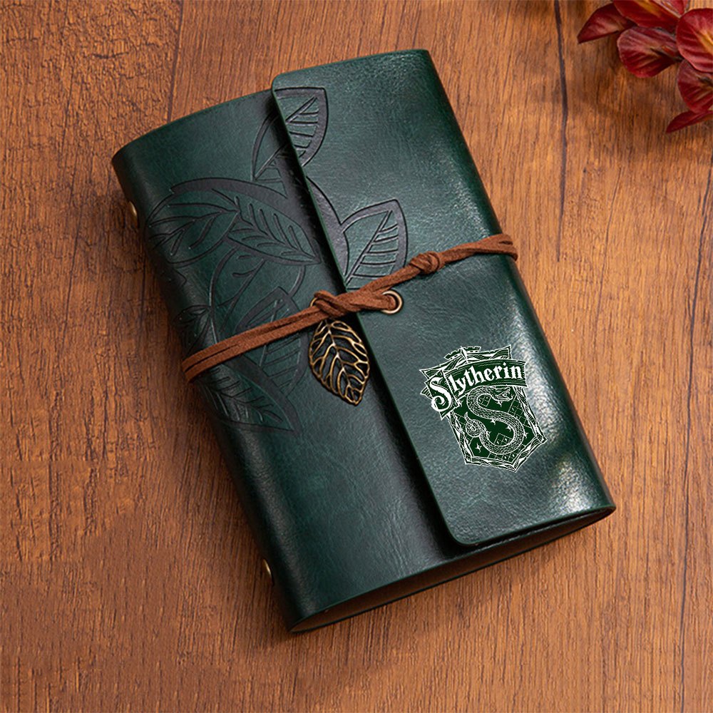 TEMU 1pc Warner . Slytherin Embossed Leather Journal, Retro Notebook With Leaf Charm, Vintage , Gift For Fans
