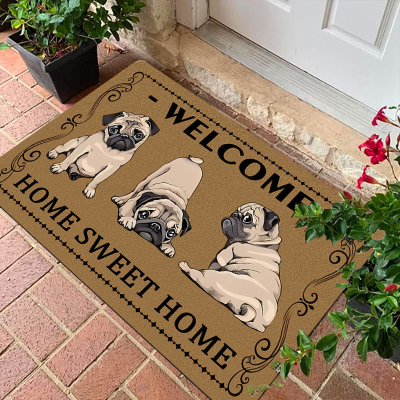 

1pc Vintage Pug - Soft, Non-slip Flannel Floor Mat With "welcome " Design For Indoor/outdoor Use, Quick-drying Kitchen, Bathroom, Laundry Room, Or Doorway Decor, Washable Area Mat