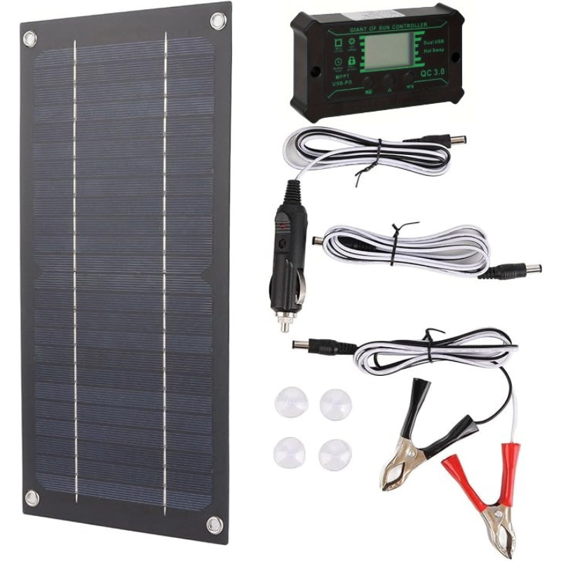 TEMU Kit de Panneau Solaire Haute Efficacité Monocristallin avec Régulateur de Charge, Câble d'Extension, Pince de Batterie et Chargeur de Batterie,